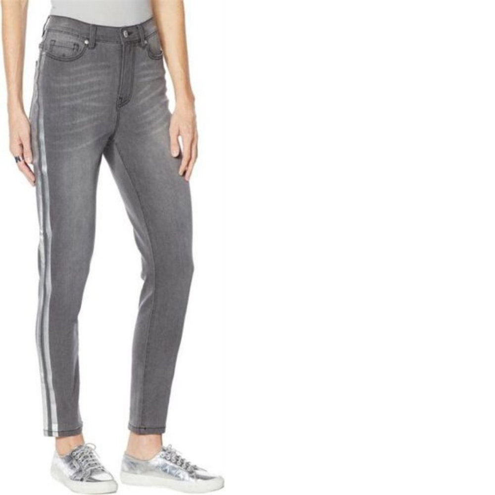 NWT DG2 BY DIANE GILMAN V-STRETCH METALLIC STRIPE SKINNY JEANS GRAY 18WP